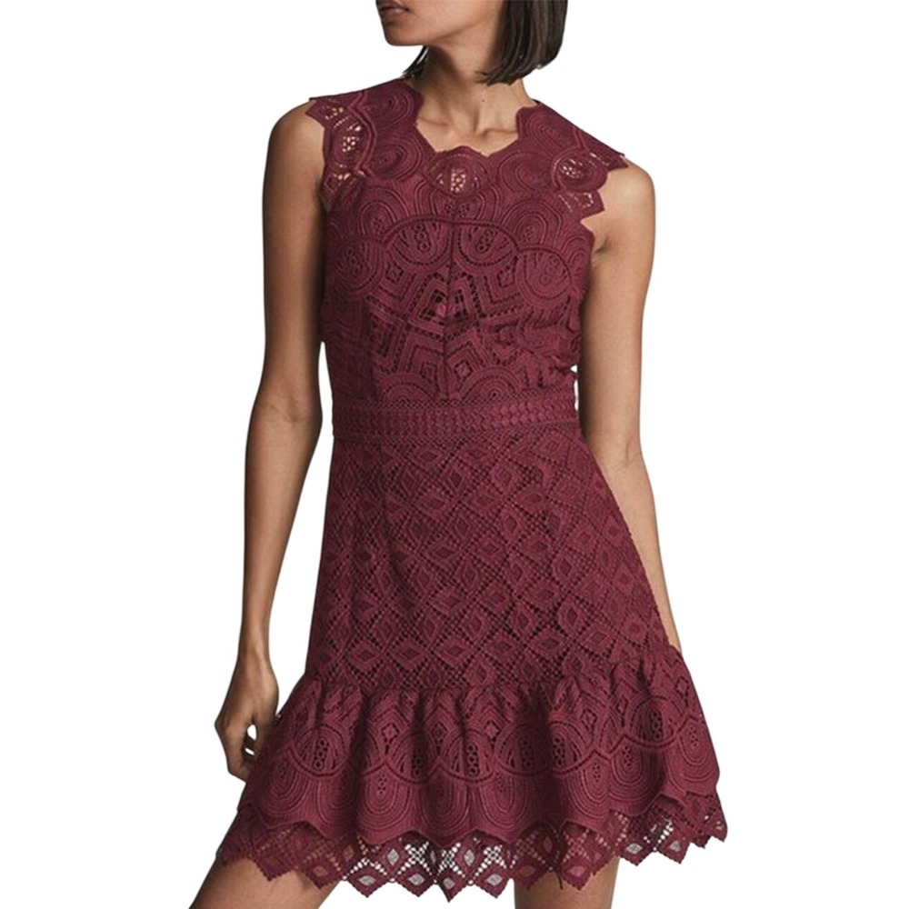 Reiss Lace Mini Dress Burgundy Sleeveless Ruffle Size 4 XS S Wedding  Cocktail